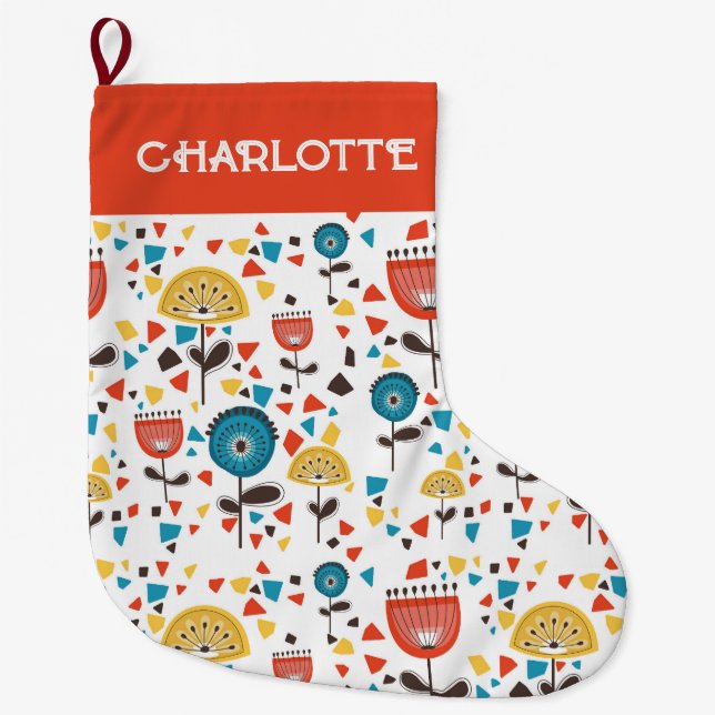 Anpassat namn för modern färgad Blommigt i mitten  Stor Julstrumpa (Framsidan)