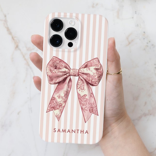 Anpassat namn för modern Rosa Rand Girly Bow (Modern Coquette Pink Stripes Girly Bow Custom Name Case-Mate iPhone Case)