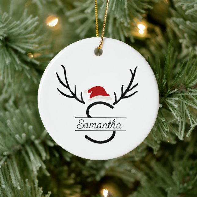 Anpassat namn för Modern Santa Monogram Antler jul Julgransprydnad Keramik (Träd)