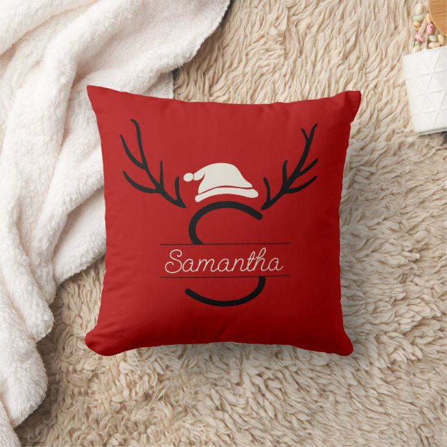 Anpassat namn för Modern Santa Monogram Antler jul Kudde (Filt)