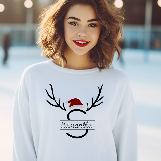 Anpassat namn för Modern Santa Monogram Antler jul T Shirt (Skapare uppladdad)