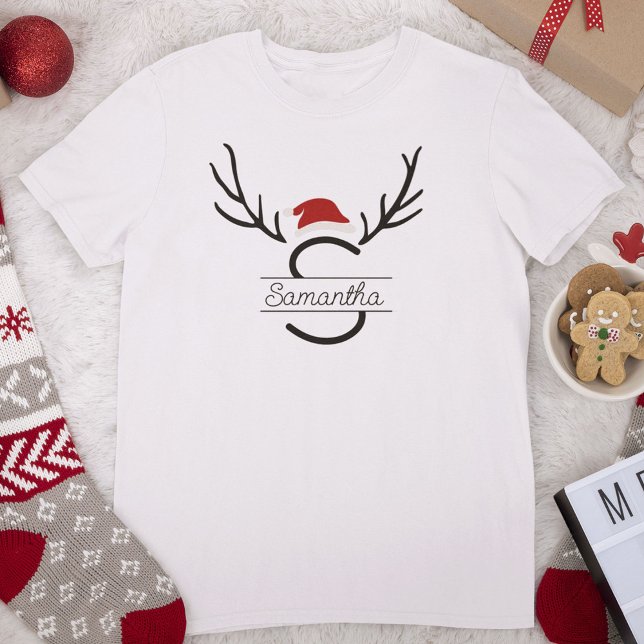 Anpassat namn för Modern Santa Monogram Antler jul T Shirt (Skapare uppladdad)