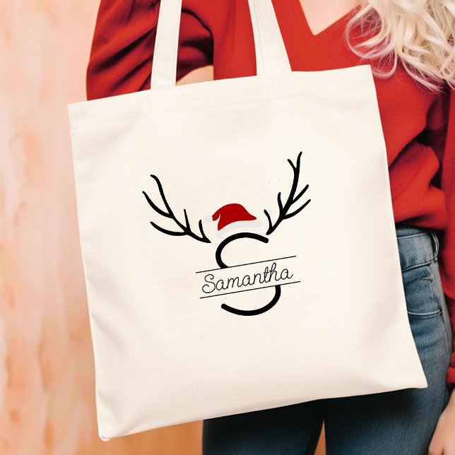 Anpassat namn för Modern Santa Monogram Antler jul Tygkasse (Skapare uppladdad)
