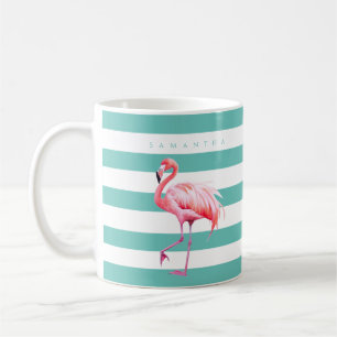 Anpassat namn för Modern Teal White Rand Rosa Flam Kaffemugg