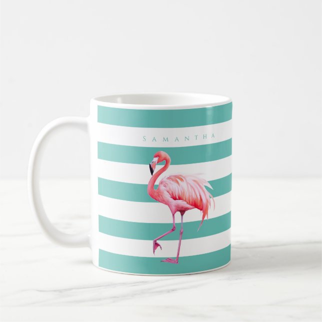 Anpassat namn för Modern Teal White Rand Rosa Flam Kaffemugg (Vänster)