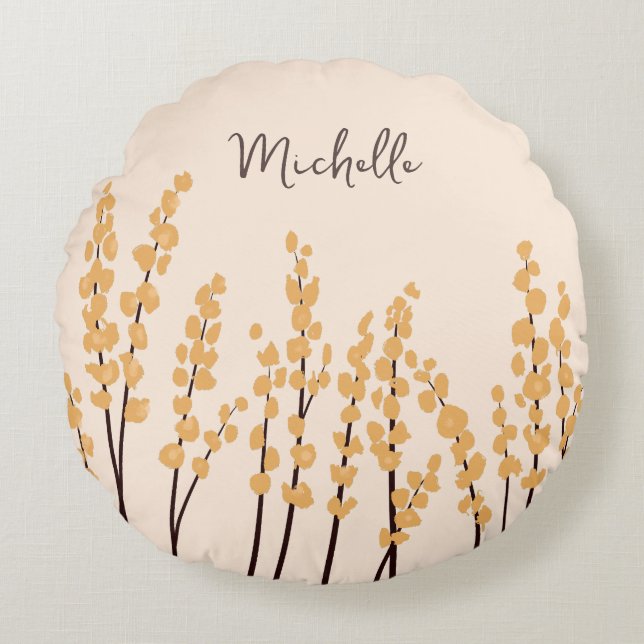 Anpassat namn för modernt Gula blommor Rund Kudde (Framsidan)