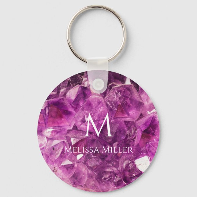 Anpassat namn för monogram Lila Amethyst Crystal G Nyckelring (Framsida)