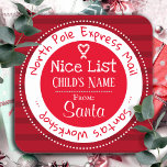 Anpassat namn för Nice-lista för North Pole-post Fyrkantigt Klistermärke<br><div class="desc">Bakgrund till Stripe mönster. En bra lista med Noordpole Express roligt anpassningsbar ungar namn Juletiketter. Roligtens klistermärken att lägga till i barngåvor!</div>