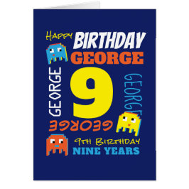 Anpassat namn för nionde födelsedag gult blå pixel OBS kort