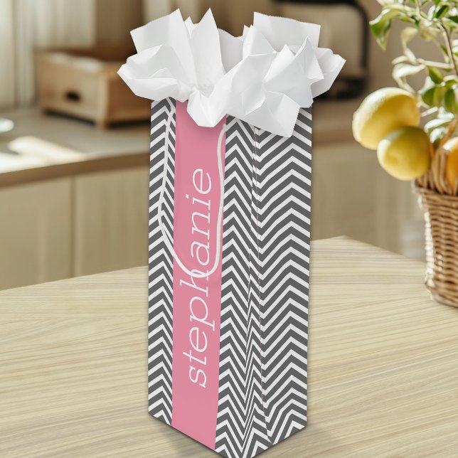 Anpassat namn för Pastel Rosa och Grått Chevrons (Custom Gift Bag)
