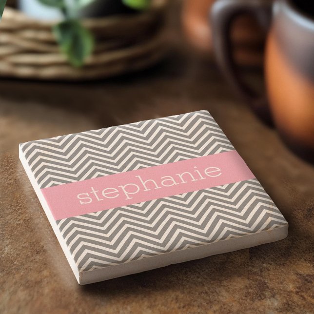Anpassat namn för Pastel Rosa och Grått Chevrons Underlägg Sten (Custom Stone Coaster)