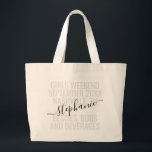 Anpassat namn för personlig Girls Helg Resa Jumbo Tygkasse<br><div class="desc">StorPersonlig Namn Girls Helg Anpassningsbar Tote Bag med redigerbar text och formulering för ditt datum,  mål eller plats,  namn,  och roligt citat som "besties,  buds och Dragis" gör en roligt och användbar keepy för dina flickvänner,  besties,  kvinnors och Resa resegruppers skull eller för brudgummar.</div>