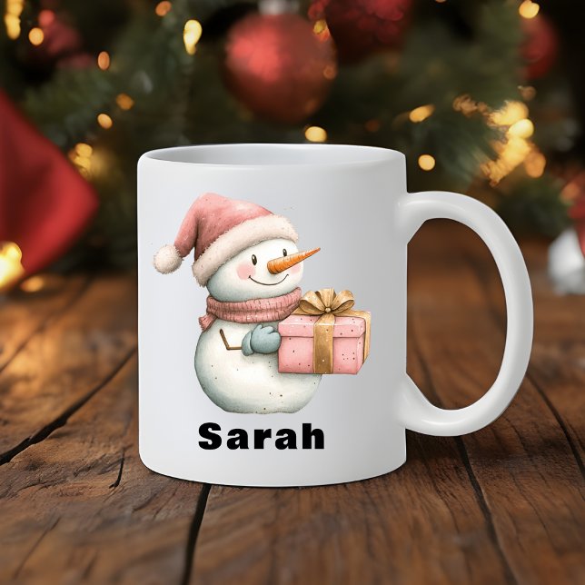 Anpassat namn för personlig Snögubbe Holding Gift Kaffemugg (Christmas Snowman Holding Gift Custom Name Coffee Mug
)