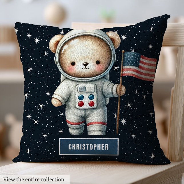 Anpassat namn för pojke-fyllning med utrymmesNalle Kudde (Baby Boy Pillow with Space Teddy Bear Custom Name)
