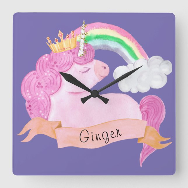 Anpassat namn för 🌈 Rainbow Unicorn Fyrkantig Klocka (Framsida)