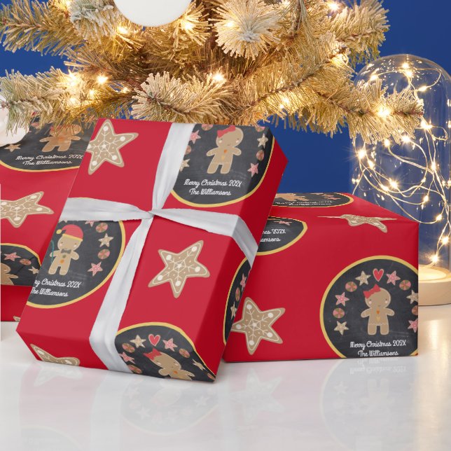 Anpassat namn för Red Gingerbröd Cookie Chalkboard Presentpapper (Helgdagar)