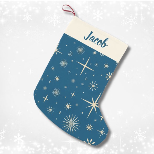 Anpassat namn för Retro Blue Gnistra Mönster Liten Julstrumpa (Retro Blue Sparkle Christmas Pattern Custom Name Small Christmas Stocking
)