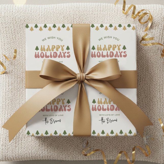 Anpassat namn för Retro Groovy Glad helg jul Presentpapper (Trendy retro Happy Holidays Gift Wrapping Paper with your custom name)