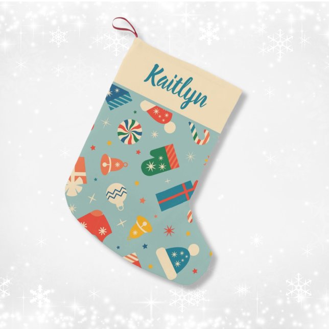 Anpassat namn för Retro-jul-Mönster Liten Julstrumpa (Retro Christmas Pattern Custom Name Small Christmas Stocking
)