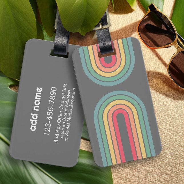 Anpassat namn för Retro Line Arch Pastel Rainbow F Bagagebricka (Custom Luggage Tag - Personalized Bag Tag)