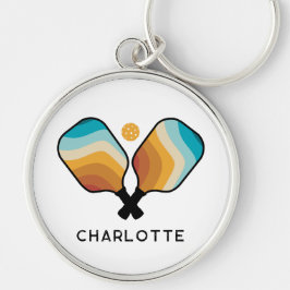 Anpassat namn för Retro Pickleball Paddels & Boll Rund Silverfärgad Nyckelring