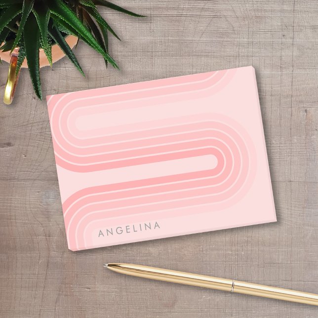 Anpassat namn för  Rosa Mod stripe Mönster Post-it Block (A retro 70s line art design with blush pink curves and stripes. Add your name to personalize this!)
