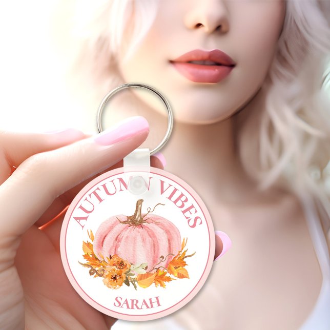 Anpassat namn för Rosa Pumpkin Fall för hösten Vib Nyckelring (Autumn Vibes Pink Pumpkin Fall Custom Name Keychain)