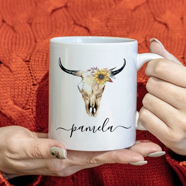 Anpassat namn för Rustic Solros Bull Skull Kaffemugg (Skapare uppladdad)