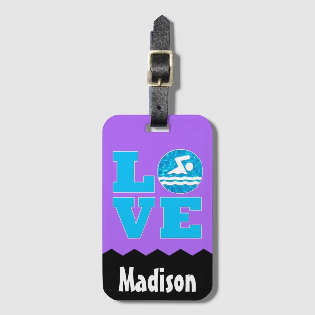 Anpassat namn för simma KÄRLEK och Färg Swimmer Bagagebricka (Framsida vertikal)