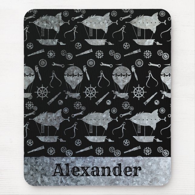 Anpassat namn för Steampunk Silver Zinc-flygplan Musmatta (Framsidan)