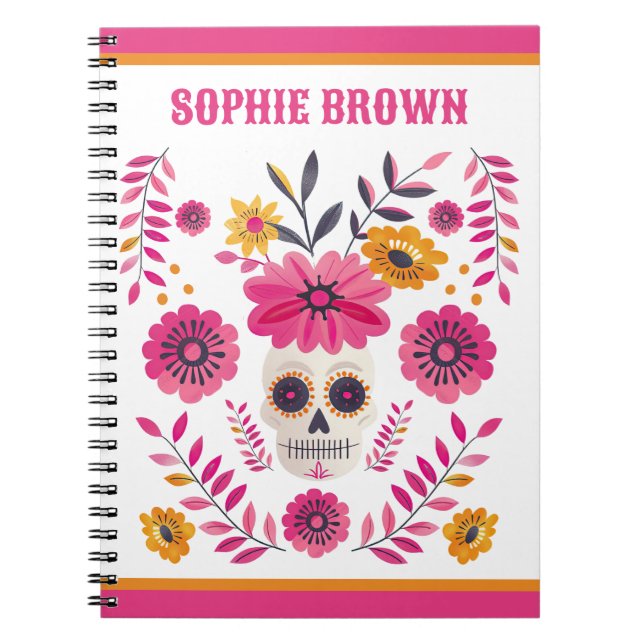 Anpassat namn för Sugar Skull Rosa Mexikanska Blom Anteckningsbok (Framsidan)