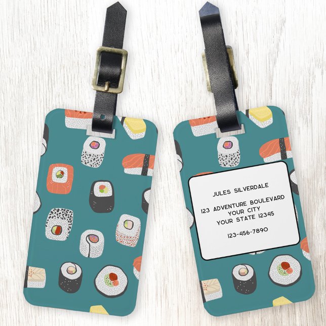 Anpassat namn för Sushi Japansk Food Art Bagagebricka (Fun teal green Japanese sushi, sashimi and maki roll pattern luggage tag)