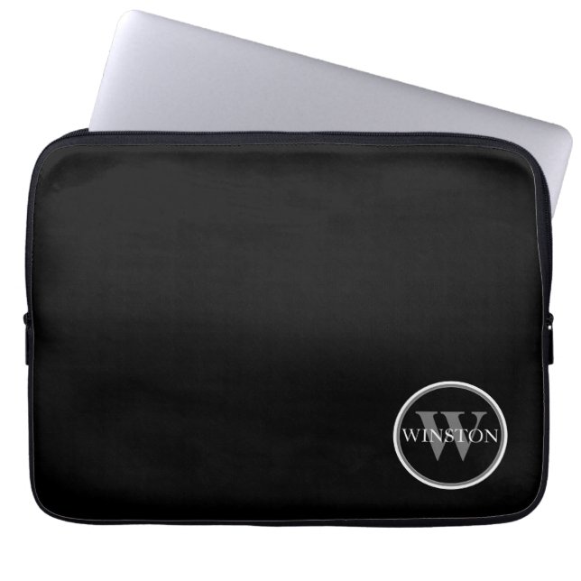 Anpassat namn för svartvit monogrammat svart laptop fodral (Framsidan)