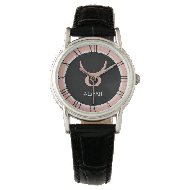Anpassat namn för Taurus Zodiac Sign Ro Rosa Grått Armbandsur (Framsida)