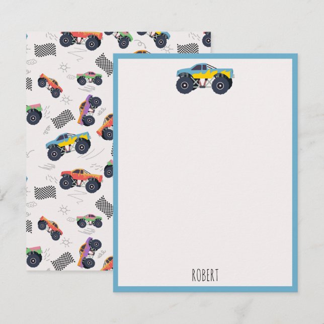 Anpassat namn för Tävla i färgad monster Lastbilar Anteckningskort (Fram/baksida)