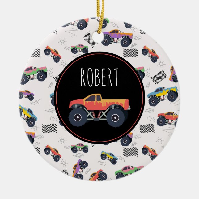 Anpassat namn för Tävla i färgad monster Lastbilar Julgransprydnad Keramik (Framsidan)