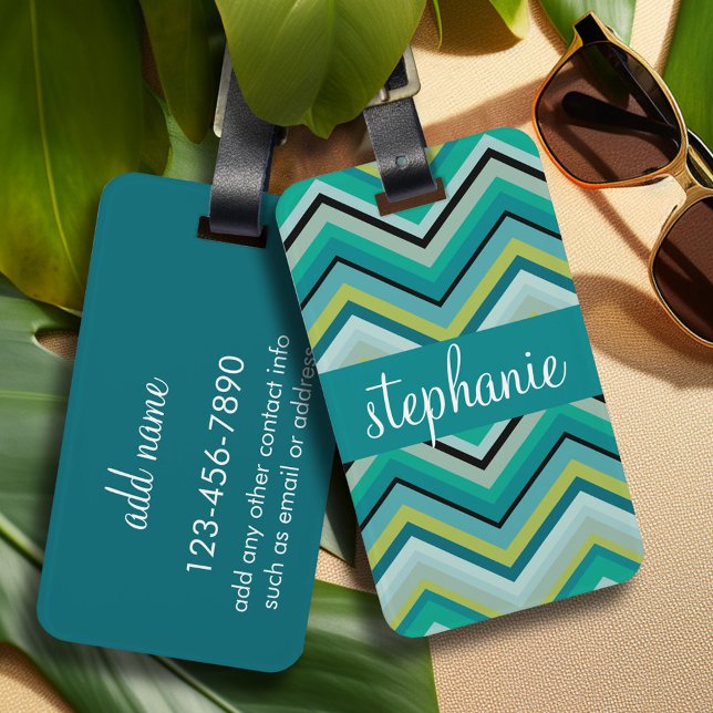 Anpassat namn för Teal och Grönt Huge Chevron Möns Bagagebricka (Personalized Luggage Tag)