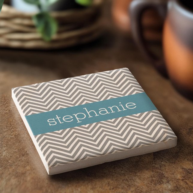 Anpassat namn för turkos och Grått Chevrons Underlägg Sten (Custom Stone Coaster)