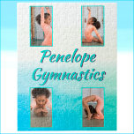 Anpassat namn för vattenfärggradient, sport och fo pussel<br><div class="desc">Grönt/blåfärgad övertoningsgymnastik (eller annan sport) personlig namn och fotogåva. Du kan anpassa den här gymnastikpresenten ännu mer med fyra av dina favoritfoton från gymnastiken! Varje foto är förinställt för att ta en mobil standardbild i storlek cellstorlek på 1 920 x 1 080 px och omges av en delikat turkostrim med...</div>