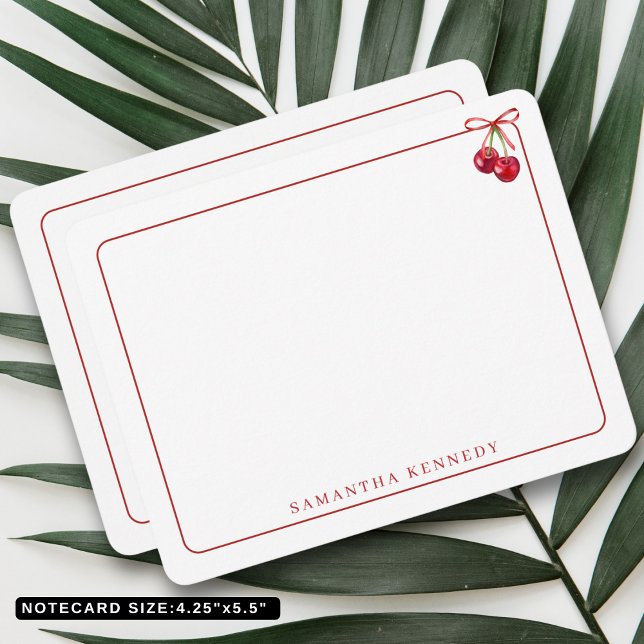 Anpassat namn för vattenfärgsblad och körsbär Red  Anteckningskort (Watercolor Bow And Cherries Red Border Custom Name Note Card
)