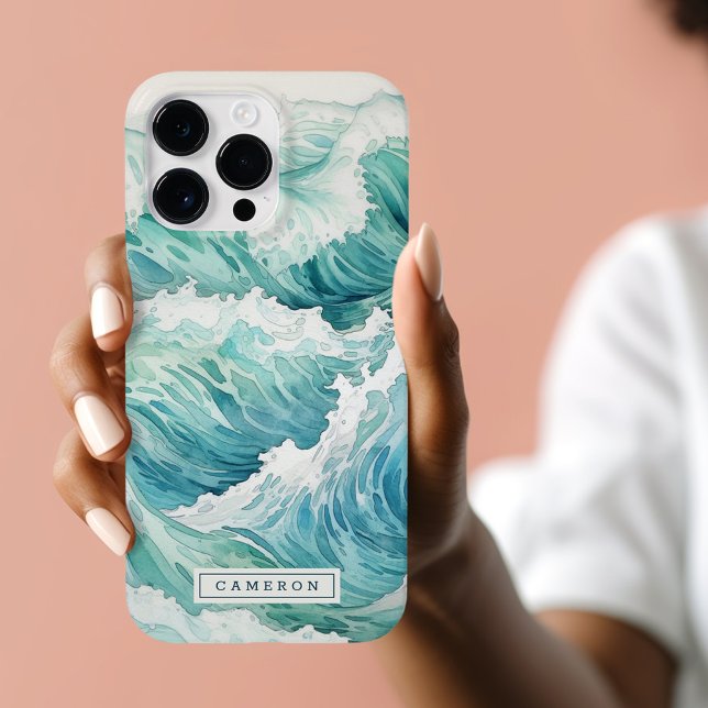 Anpassat namn för vattenfärgsblått vinkart (Watercolor blue waves custom name Case-Mate iPhone case)