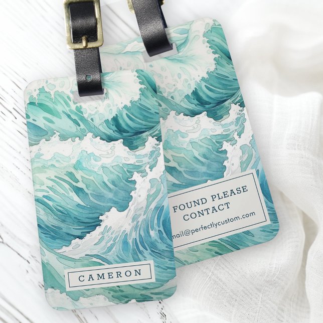 Anpassat namn för vattenfärgsblått vinkart bagagebricka (Watercolor blue waves custom name luggage tag)