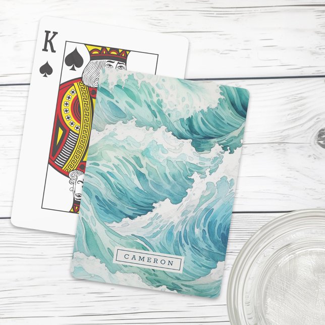 Anpassat namn för vattenfärgsblått vinkart casinokort (Watercolor blue waves custom name playing cards)