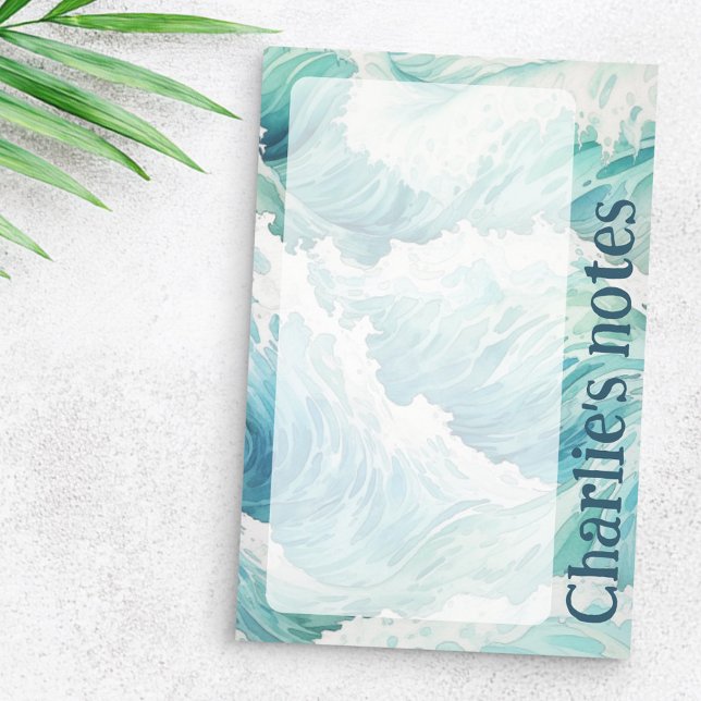Anpassat namn för vattenfärgsblått vinkart post-it block (Watercolor blue waves custom name post-it notes)