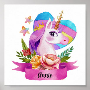 Anpassat namn för vinterfärgad cute Unicorn Heart Poster