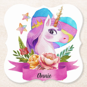 Anpassat namn för vinterfärgad cute Unicorn Heart Underlägg Papper