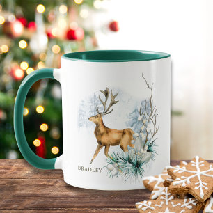 Anpassat namn för Watercolor Hjort Stag Winter-Blo Mugg