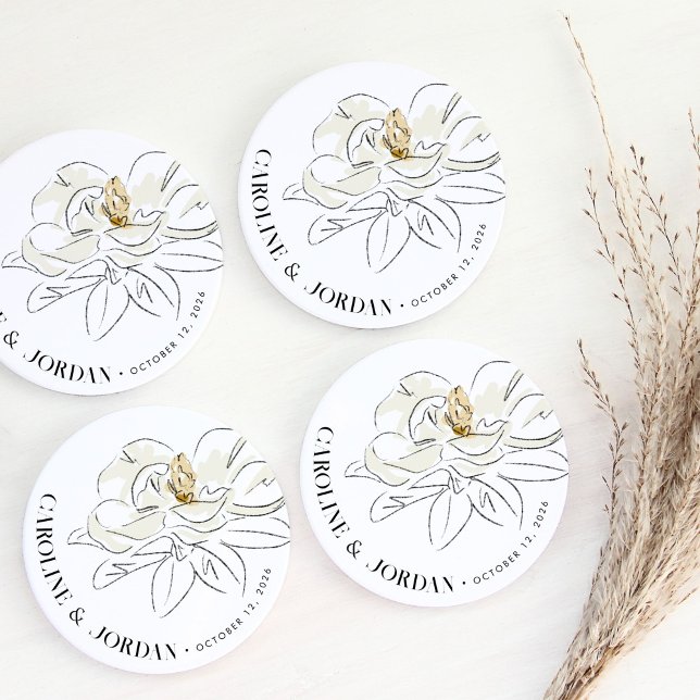 Anpassat namn för White Magnolia Illustration Bröl Underlägg (Beautiful Southern-inspired white magnolia illustration wedding custom name sandstone coasters.)