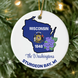 Anpassat namn för Wisconsin Flagga & Blå violett Julgransprydnad Keramik