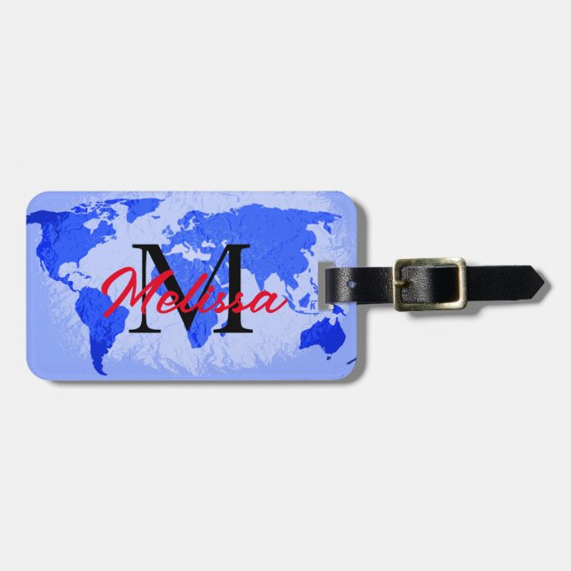 Anpassat namn för World Map Blue Monogram Traveler Bagagebricka (Horisontell Framsida)
